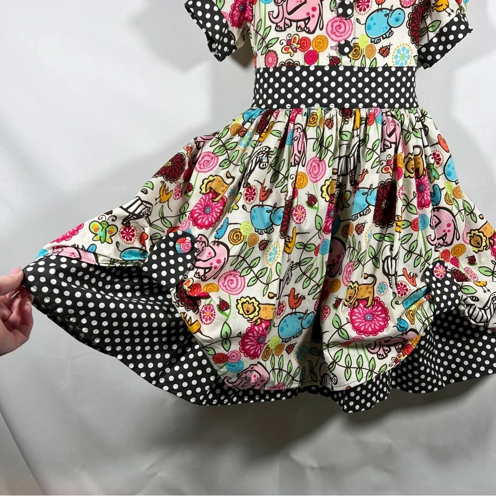 Dress Girls Size 5 Jungle Cotton Print Black White Polka Dots 90” Full Skirt